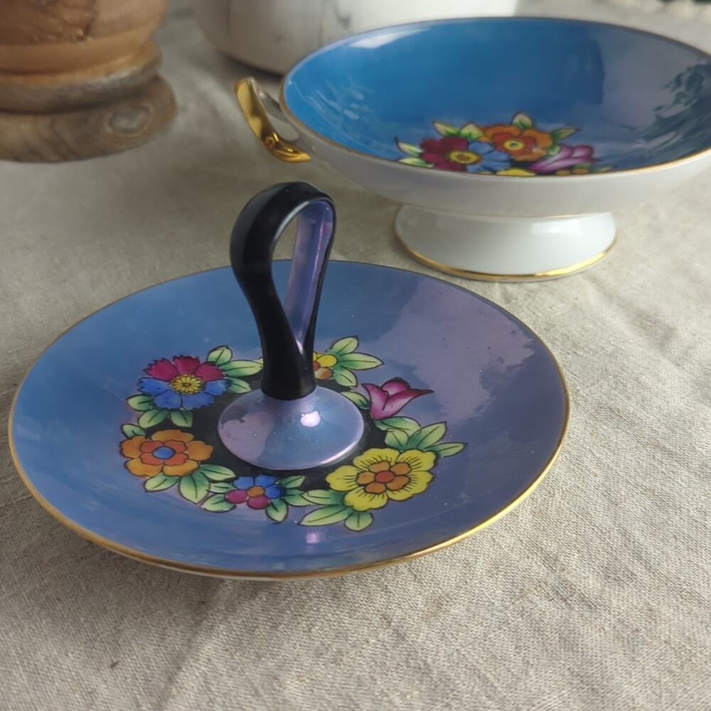 Vintage Noritake Hand Painted Dish Set Blue Floral Bowl & Handled Mini Platter